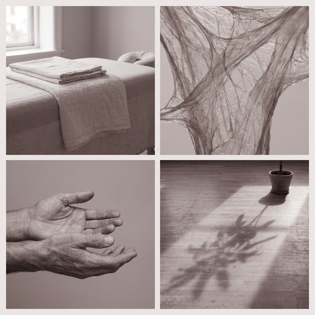 Moodboard: Leinen, Hände, Praxislicht, Faserstruktur in warmem Mauve-Neutral
